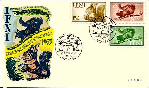 Ifni, 1955. Colonial Stamp Day. Squirrels. Sc. 77, B23-24.FDC 23. Nov., Sidi Ifni