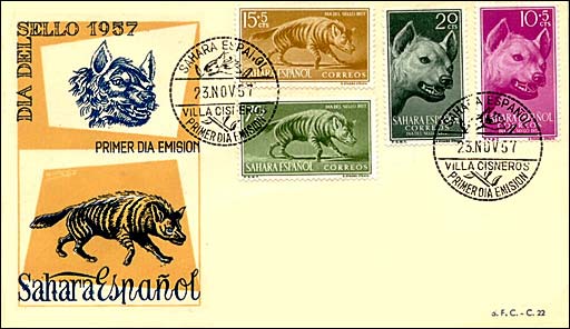 Ifni, 1957. Striped Hyena. Sc. 88-89, B43-44. FDC Nov. 23, Villa Cisneros,