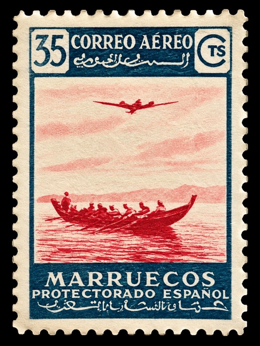 Morocco Spanish Protectorate 35 centimos airmail stamp with boat and aircraft