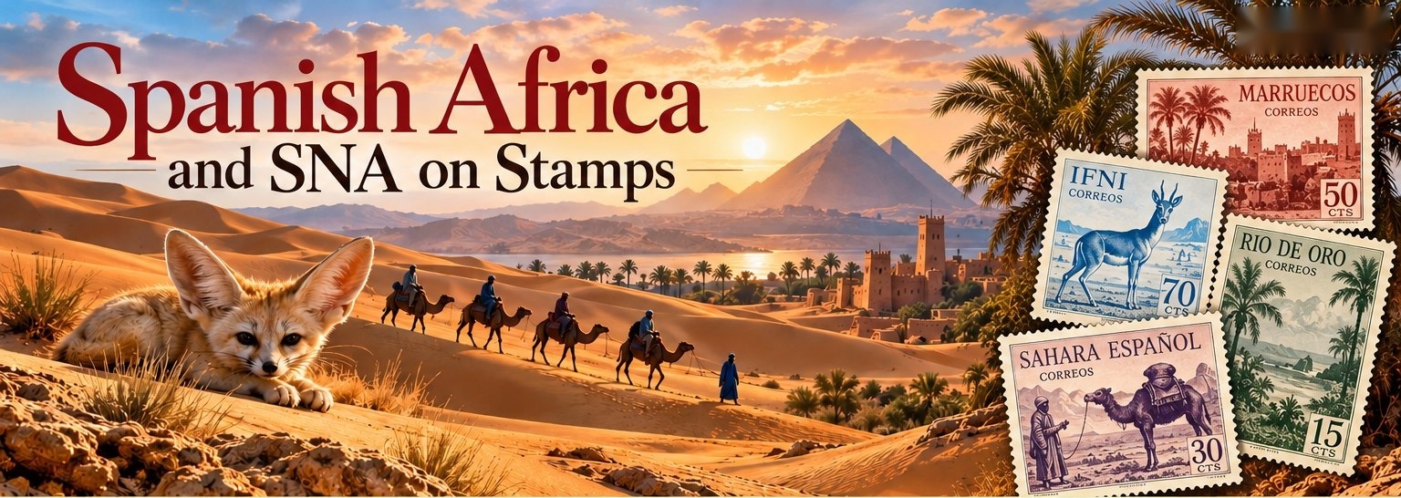 Saharan landscape, fennec fox, camel caravan and vintage philatelic illustrations